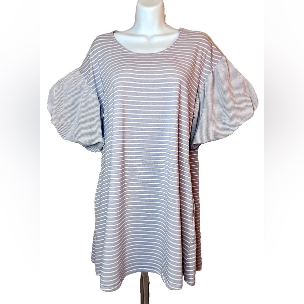 ⚓️UMGEE⚓️ STRIPED SHORT PUFF BALOON SLEEVE POCKET T-SHIRT SWING SHIFT MINI DRESS
